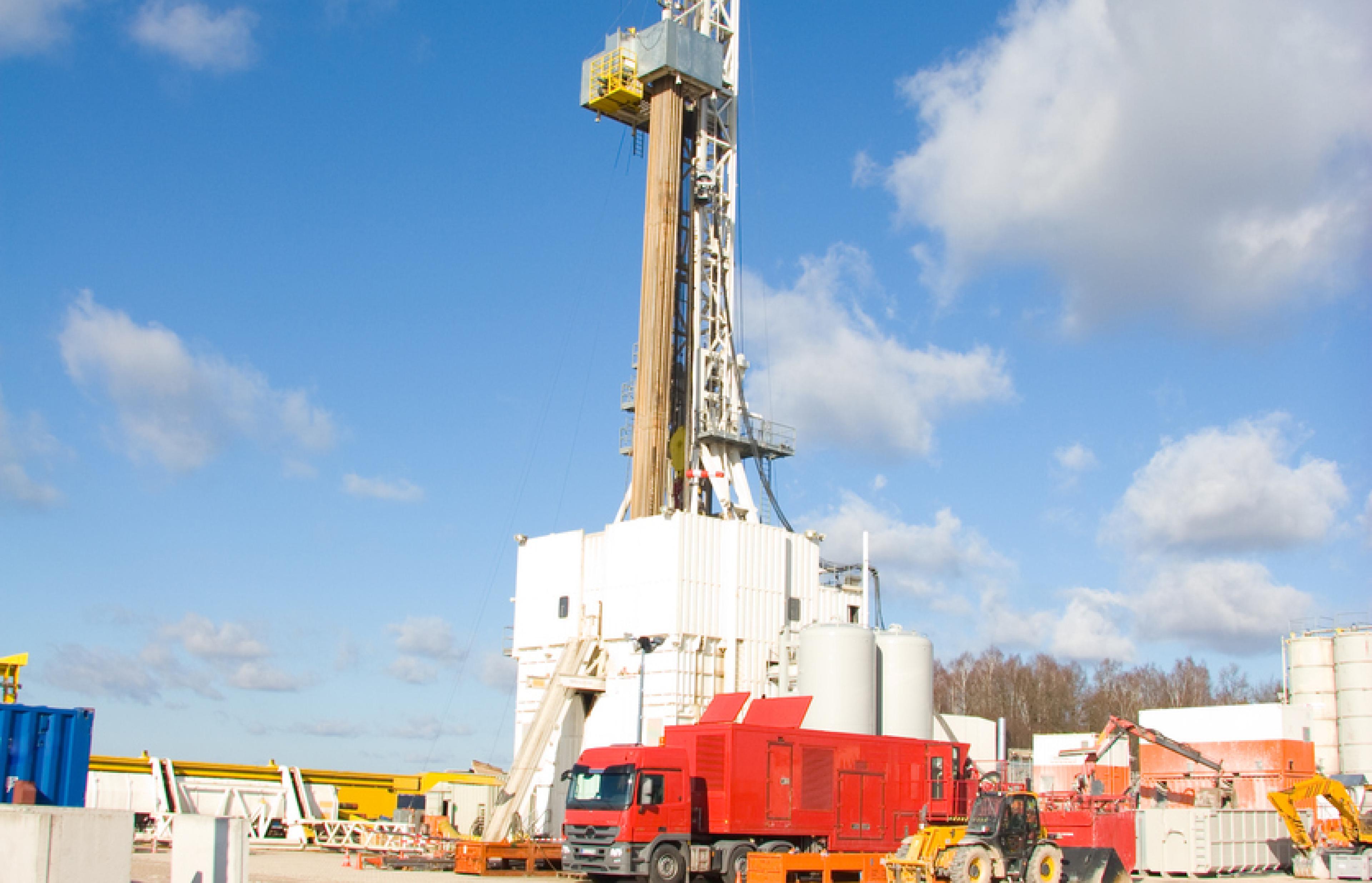 A land based oil rig, drilling rig for oil or gas, possibly shale gas
