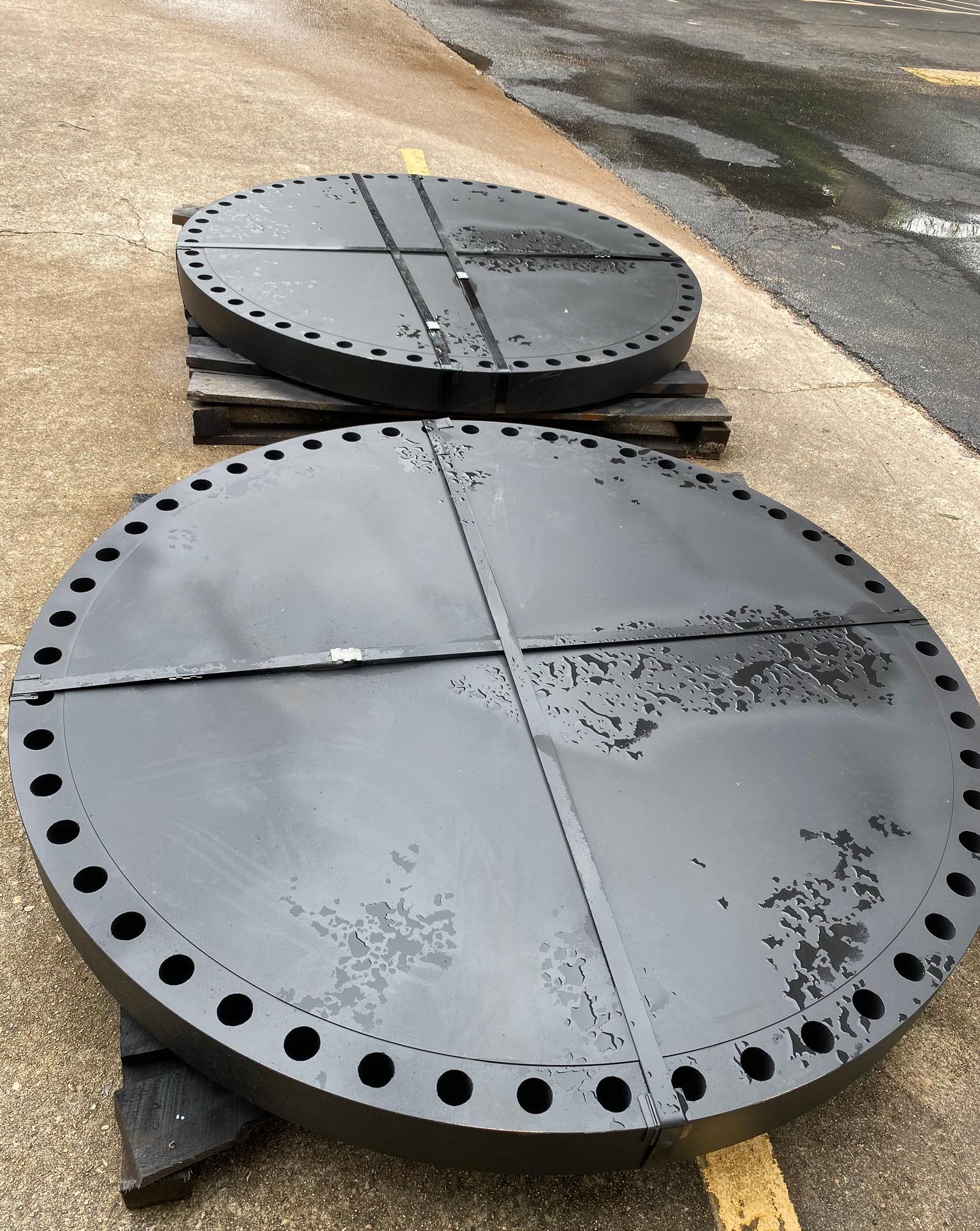 Flanges placed on a wooden platform