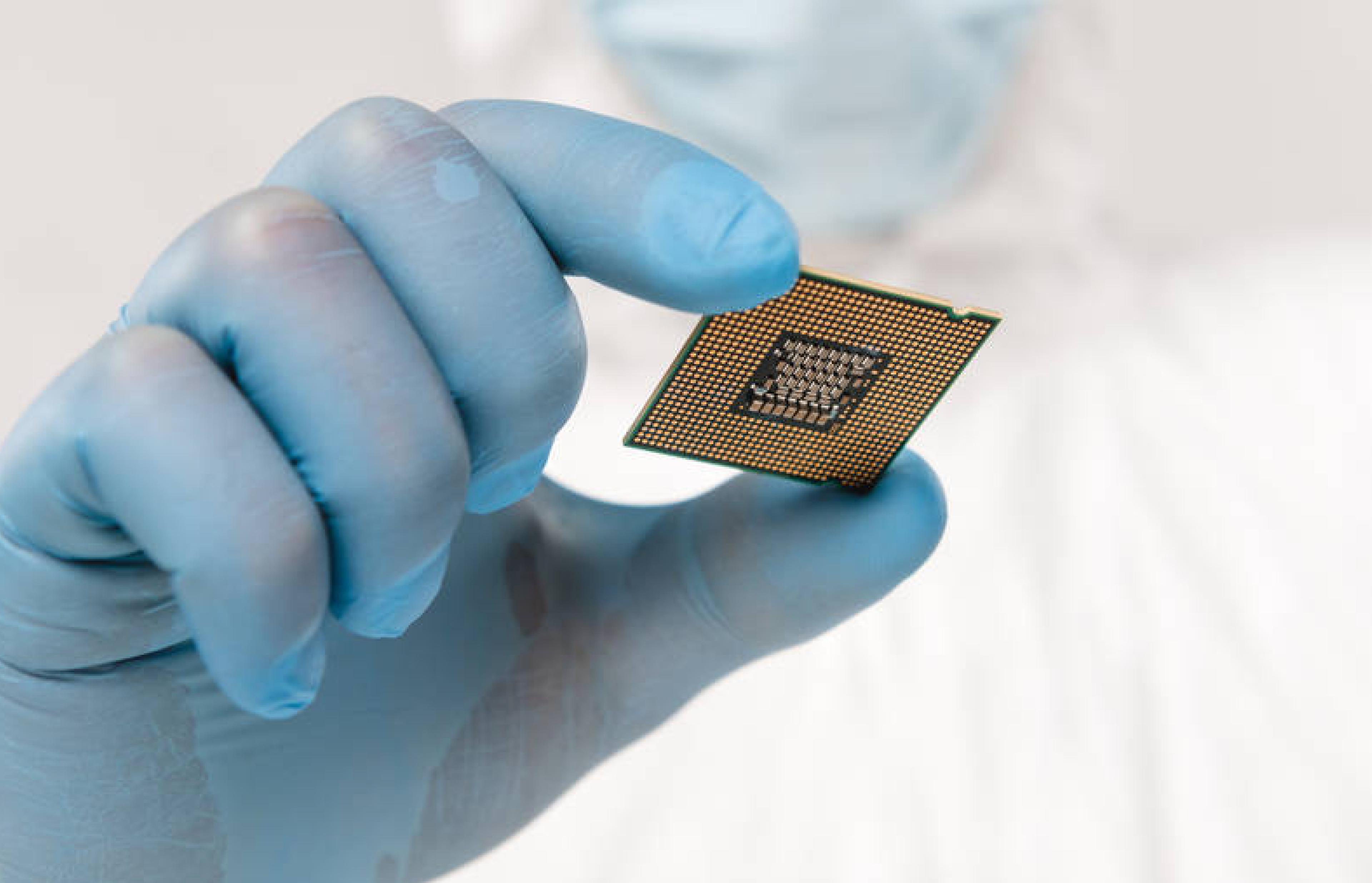 Focused hand of scientist holding a microprocessor.